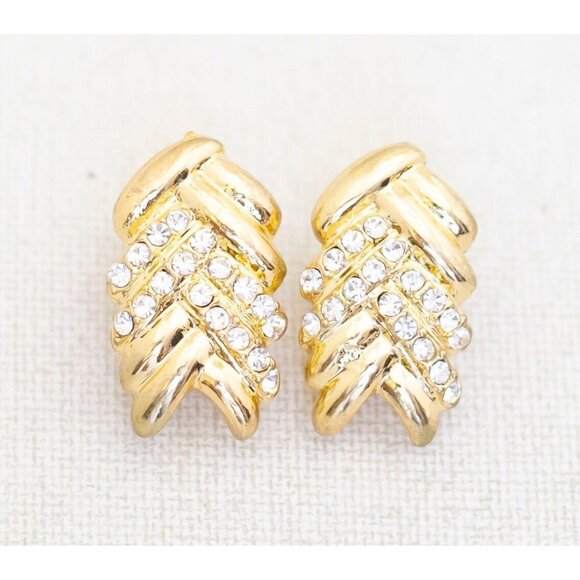 Vintage Gold Tone Geometric Knot Rhinestones Stud Earrings - AB2 - Picture 1 of 2